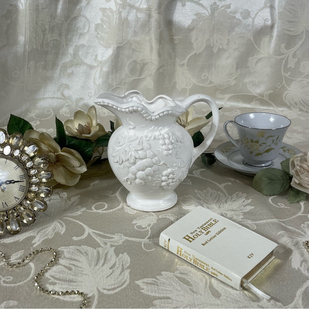 White Decorative Pitcher with Grapevine and Accents Made in Japan